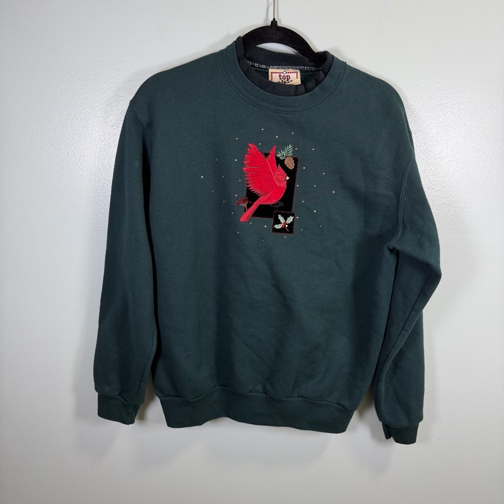 Vintage Top Stitch Green Sweatshirt with Red Cardinal Design Sz Medium